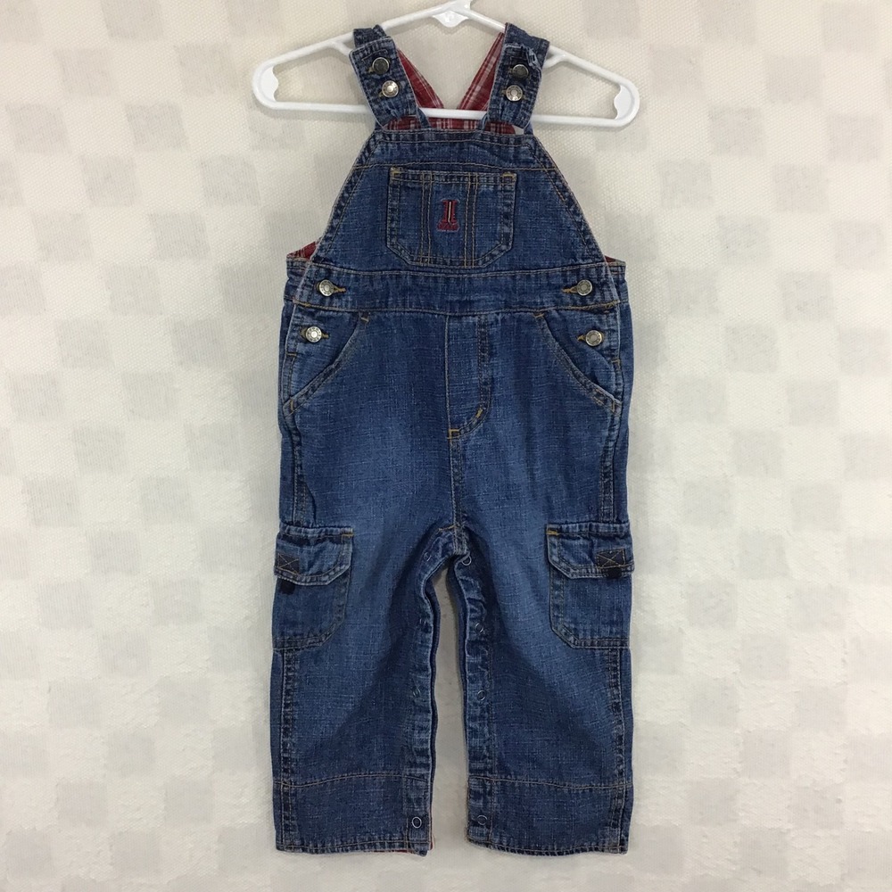 IZOD Baby Boys Denim Cargo Overalls Blue Red Plaid‎ Lined 12 Months RN46795